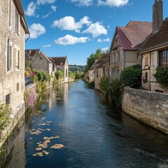 Serene Canal-side Village in France: Picturesque Houses and Tranquil Waters