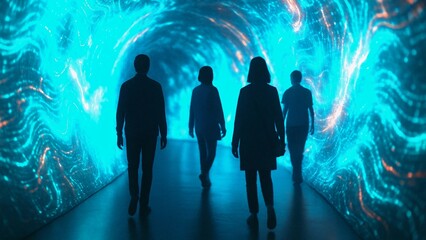 Four people walking through an immersive futuristic projection tunnel with glowing blue and orange lights and digital wavy patterns, experiencing augmented or virtual reality