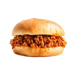 Western-style sloppy joe presented under studio lighting with clean white isolated transparent backdrop emphasizing bold colors, hearty texture, and savory composition