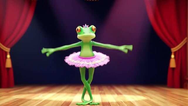 Frog wearing a tutu dances gracefully on stage. Suitable for dance, whimsical, and naturethemed designs, childrens books, and entertainment.
