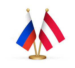 Russia vs Austria flags mockup 3d illustration. Versus desk flags of Russia and Austria transparent png