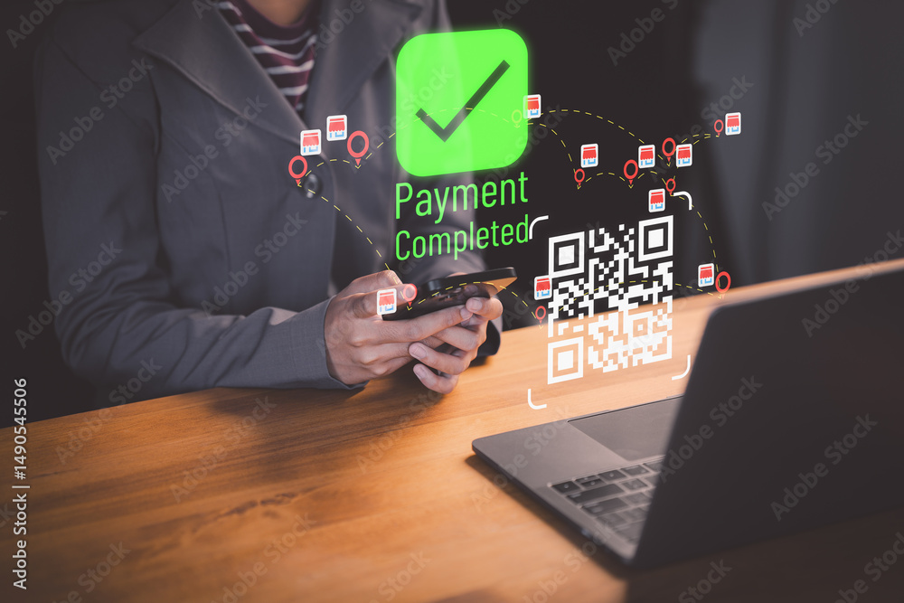 Aufkleber Female client using smartphone to scan QR code to make payment. Customer making payment through mobile phone and scan code for online shopping. Secure online payment, Digital banking.