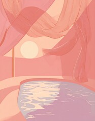 Serene beach scene at sunrise with flowing curtains soft warm colors tranquil water relaxing environment scenic landscape