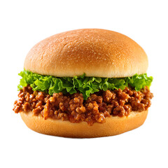 Sloppy joe from western cuisine captured in professional studio using white isolated transparent background highlighting saucy filling, soft bun, and rich meaty texture
