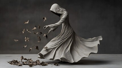 Haunting figure, flowing robe, autumn leaves