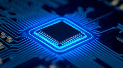 Futuristic Microchip on Circuit Board &ndash; Blue Glow