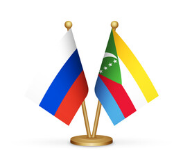 Russia vs Comoros flags mockup 3d illustration. Versus desk flags of Russia and Comoros transparent png