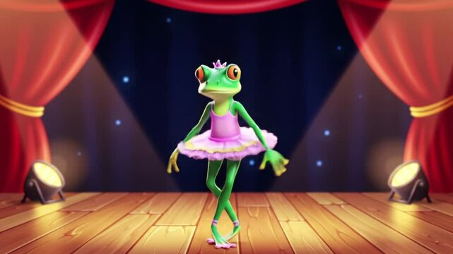 Frog wearing a tutu dances gracefully on stage. Suitable for dance, whimsical, and naturethemed designs, childrens books, and entertainment.