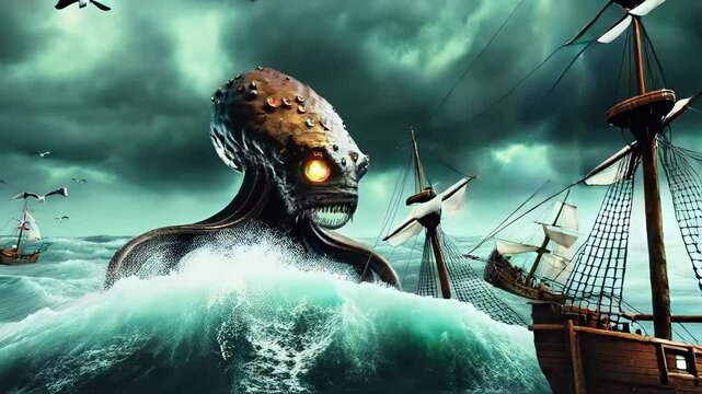 A monstrous sea creature with glowing eyes and massive tentacles emerges from turbulent ocean waves, confronting terrified sailors on wooden ships under a stormy, ominous sky.