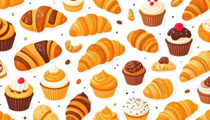 Colorful Pixel Art Pattern Of Croissants And Cupcakes