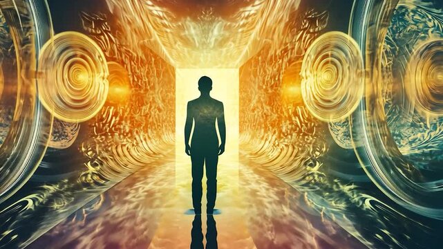 Abstract figure walks through a portal