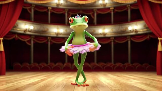 Frog wearing a tutu dances gracefully on stage. Suitable for dance, whimsical, and naturethemed designs, childrens books, and entertainment.