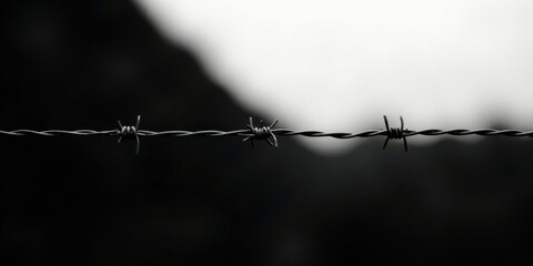 A single strand of barbed wire stretches across a blurred, dark background, symbolizing restriction and confinement