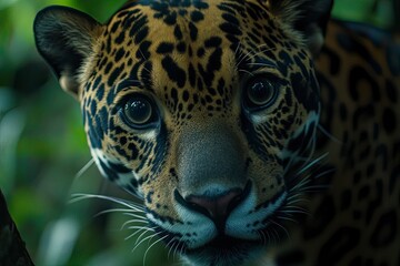 Obraz premium Close-up portrait of a jaguar, also known as a panther. The jaguar is looking at the camera with big eyes and a curious expression. In its natural habitat in Central America, on a green background. 