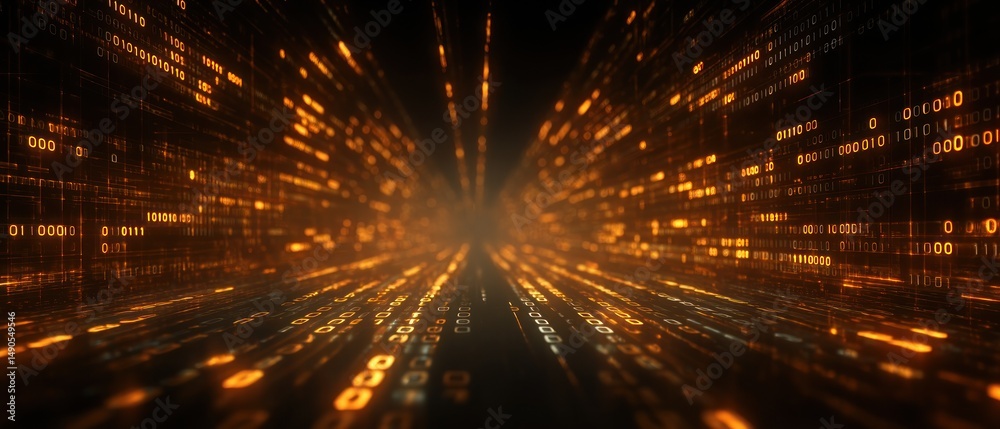 Poster binary code tunnel glowing orange digital data stream background