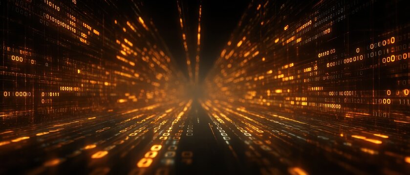 Binary code tunnel glowing orange digital data stream background