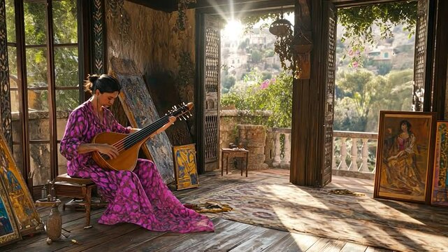 Woman playing lute in an art studio overlooking a town