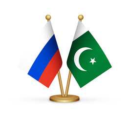 Russia vs Pakistan flags mockup 3d illustration. Versus desk flags of Russia and Pakistan transparent png