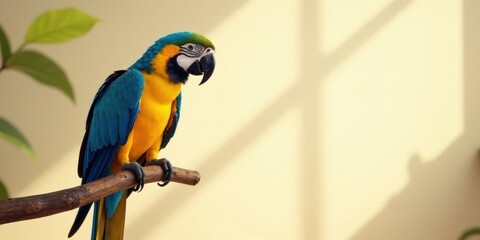 A Vibrant Blue-and-Gold Macaw Perched on a Branch, Basking in Soft Sunlight, Against a Pale Yellow Wall