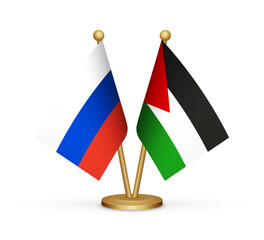 Russia vs Palestine flags mockup 3d illustration. Versus desk flags of Russia and Palestine transparent png