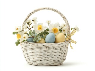 Fototapeta premium Easter basket with colorful eggs and flowers in a white wicker basket on a plain background.