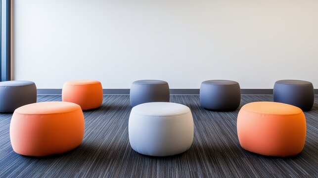 Colorful round ottomans are arranged on a striped carpet in a modern, minimalistic room with a plain wall in the background.
