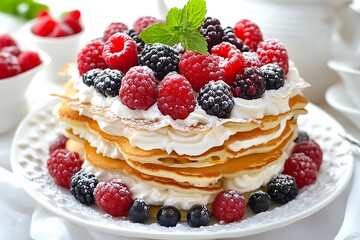Berry pancake stack with whipped cream and powdered sugar in bright daylight