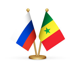 Russia vs Senegal flags mockup 3d illustration. Versus desk flags of Russia and Senegal transparent png