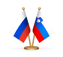 Russia vs Slovenia flags mockup 3d illustration. Versus desk flags of Russia and Slovenia transparent png