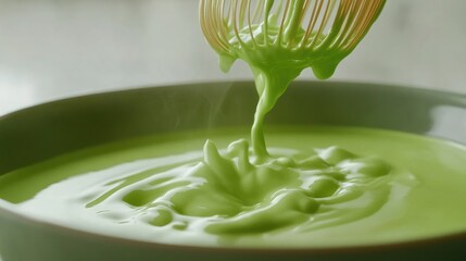 Side view of matcha being vigorously whisked in a bowl with smooth, green foam forming at the top