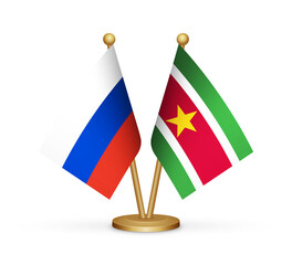 Russia vs Suriname flags mockup 3d illustration. Versus desk flags of Russia and Suriname transparent png
