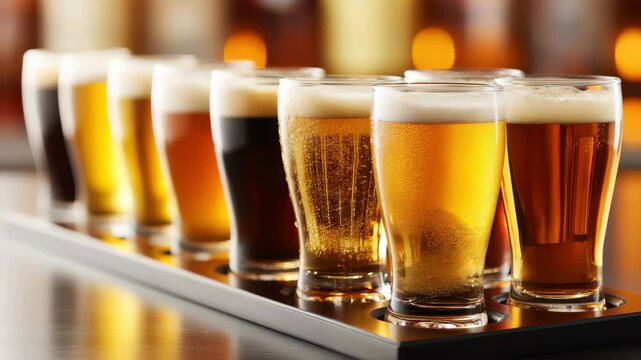 Assorted Craft Beer Samples in Glasses on a Wooden Tray Display