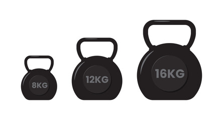 Gym kettlebell icon. Set of different weight kettlebells. Vector illustration of weight equipment. Kettlebell for sports hall. Black kettlebell isolated on white background