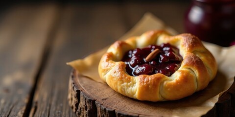 A delectable pastry filled with sweet berry preserves, baked to golden perfection and presented on rustic wood