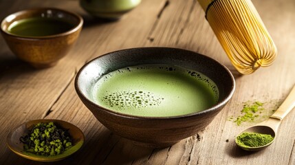 Traditional preparation of matcha with bamboo whisk frothing tea inside a handcrafted bowl on wooden counter