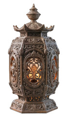 Carved Thai clay lantern with ornate intricate details isolated on white background