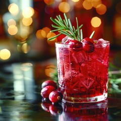 Frosted glass filled with vibrant red cranberry juice, ice cubes, and a sprig of rosemary, sitting on a reflective surface, with a soft-focus background