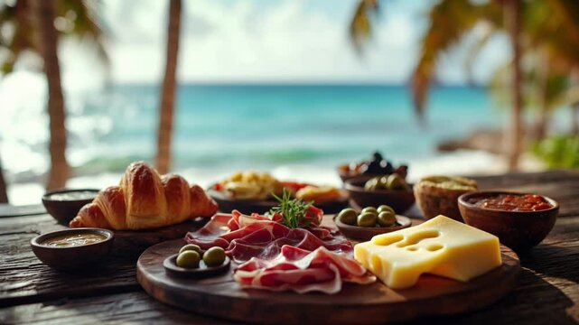 A delicious and colorful breakfast featuring croissants, cheese, olives, cold cuts, and fresh fruit is beautifully served by the beach under the tropical palm trees.