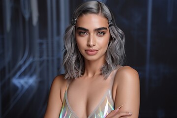 Naklejka premium Beautiful Woman Portrait with Grey Hair and Holographic Top
