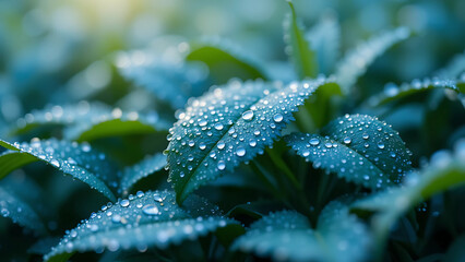 Moist leaf detail with dew droplets, diffused soft light and cool blue-green hues