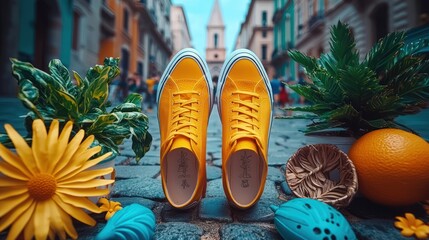 Colorful shoes on cobblestone street