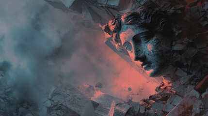 Dramatic surreal artwork featuring a broken ancient statue.  Dark, moody atmosphere. Ideal for album art, book covers, or website backgrounds.