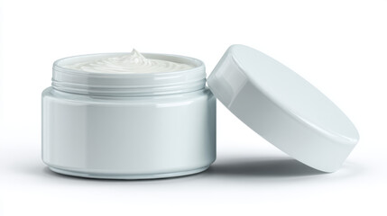White cosmetic cream jar with open lid, showing product texture, isolated on white.