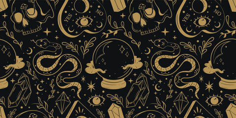 Seamless magic seamless pattern with elements for witchcraft. Hand drawn art background. Halloween wrapping paper design. 