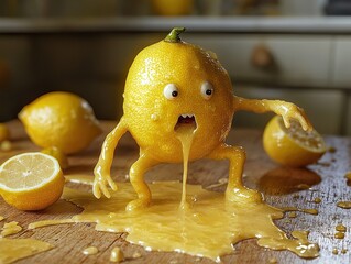A surreal lemon character with limbs and facial features stands in a pool of its own juice on a wooden surface.