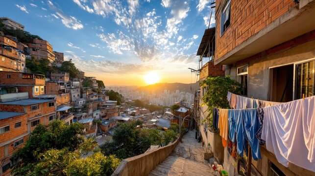 A vibrant and densely packed favela landscape in Brazil