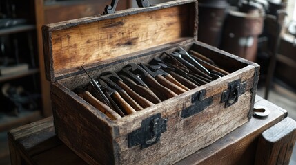 Antique Wooden Tool Chest with Vintage Hand Tools
