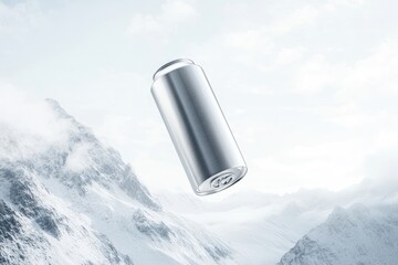 A sleek, silver aluminum can floats against a backdrop of snow-capped mountains under a hazy sky