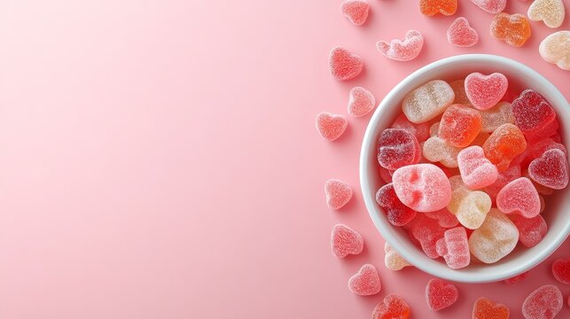 Chewy gummy candy bears colorful snack bowl sweet treats vibrant environment top view fun concept