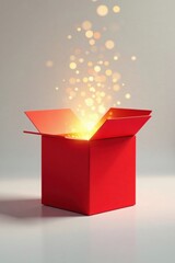 A vibrant red box magically reveals an inner golden light, emitting sparkling particles, symbolizing wonder and the thrill of discovery.